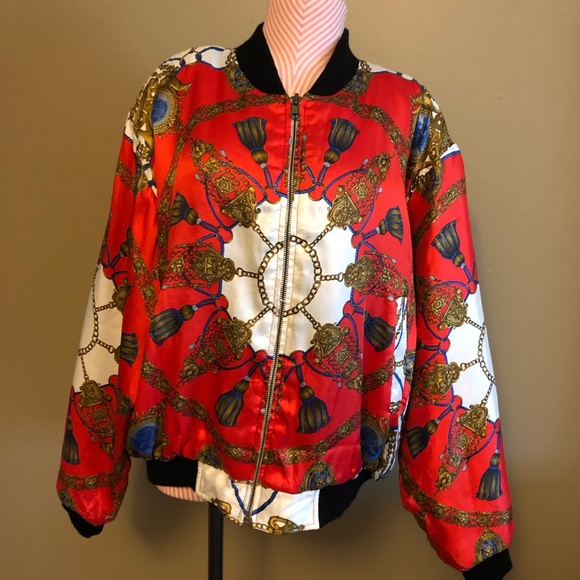 Bold Red Graphic Print Silky Bomber Jacket - no tag - fits like women’s size L - Picture 1 of 5